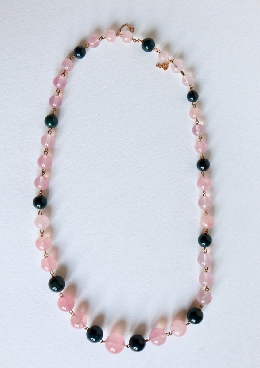 Old Necklace In Rose Quartz And Heliotropes And 18 Kt Yellow Gold-photo-2
