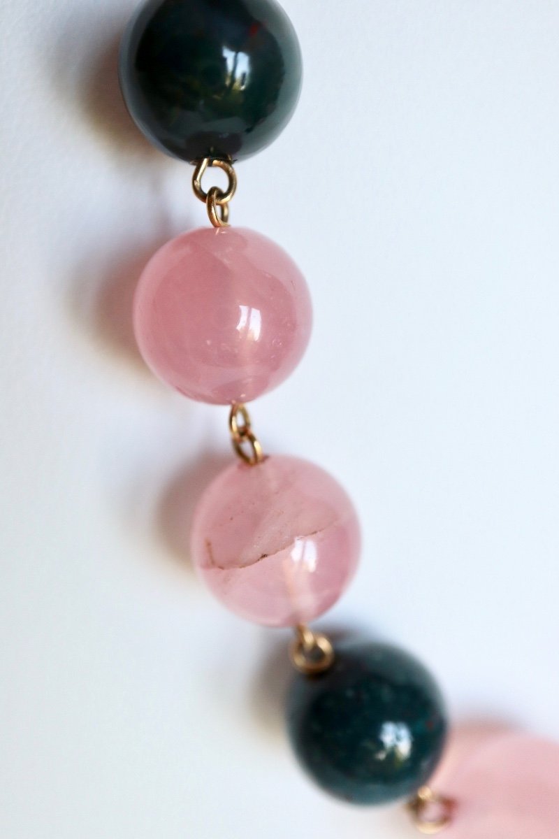 Old Necklace In Rose Quartz And Heliotropes And 18 Kt Yellow Gold-photo-4