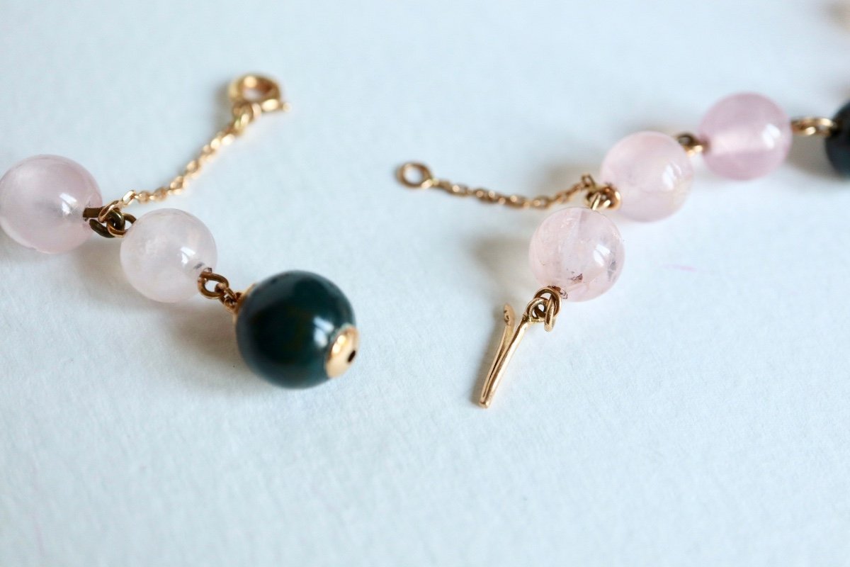 Old Necklace In Rose Quartz And Heliotropes And 18 Kt Yellow Gold-photo-5