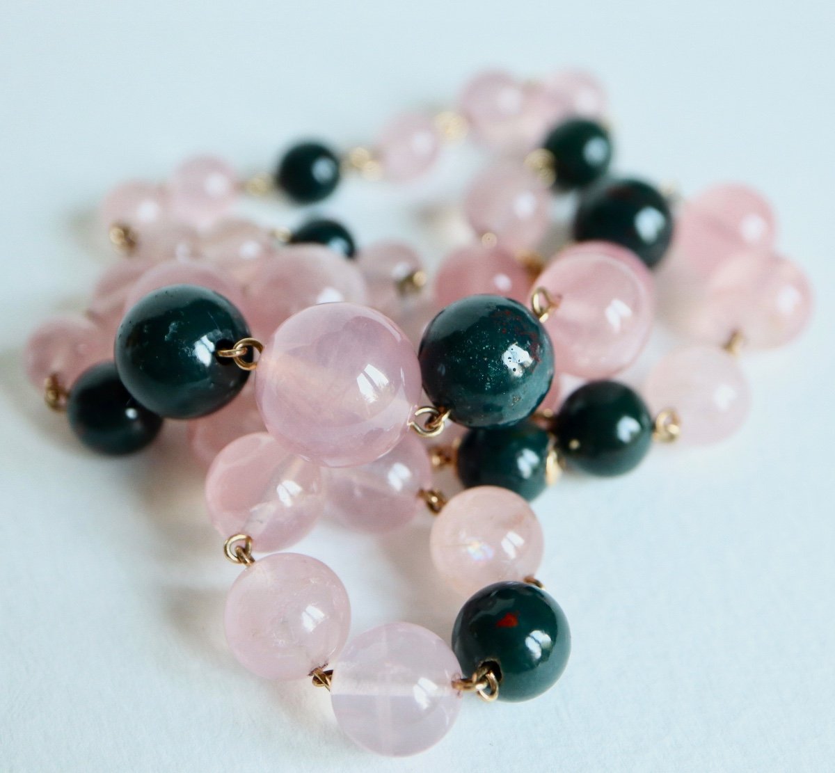 Old Necklace In Rose Quartz And Heliotropes And 18 Kt Yellow Gold-photo-6