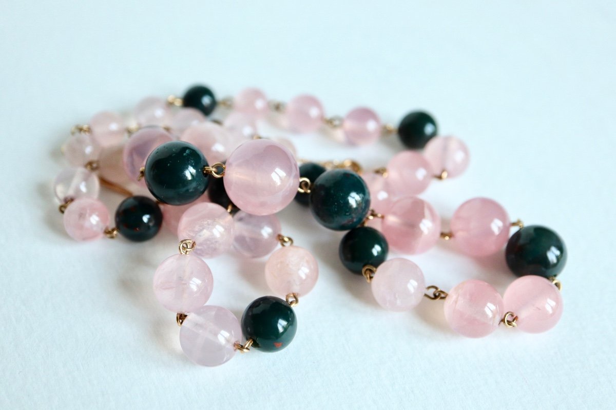 Old Necklace In Rose Quartz And Heliotropes And 18 Kt Yellow Gold-photo-7