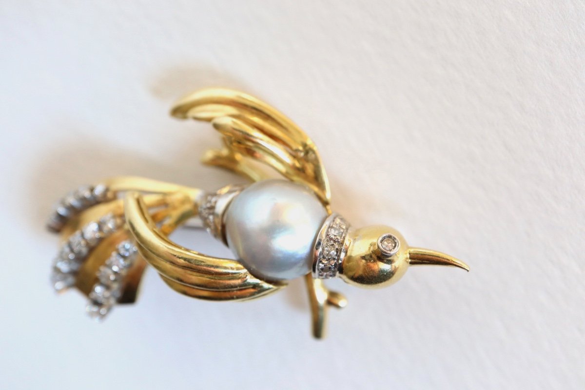 Broche Ancienne Motif Oiseau Or 18 Carats Perle Diamants Vers 1960-photo-3