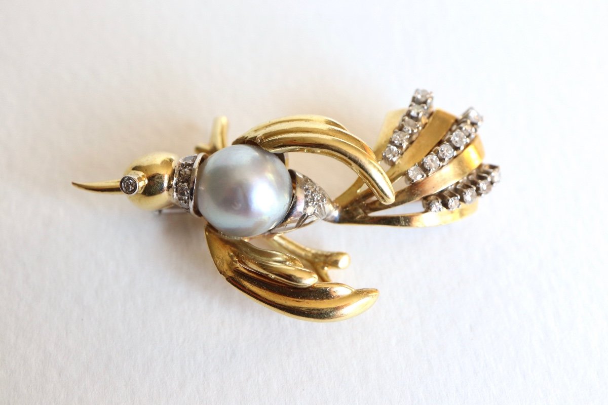 Old Bird Pattern Brooch 18k Gold Pearl Diamonds Circa 1960