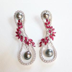 Mouawad White Gold Ruby Diamond Dangling Earrings