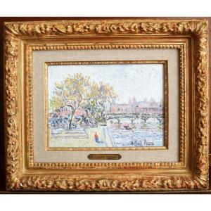 H Claude Pissarro View Of Paris: The Seine At The Louvre Oil On Canvas