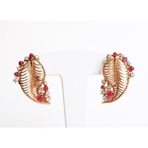 Earrings Vintage Gold 18 Kt Rubies And Diamonds