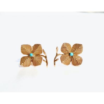 Sterlé Earrings Flower Pattern Yellow Gold And Turquoises