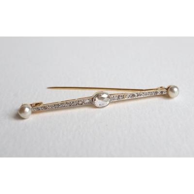 Brooch Barrette Circa 1900 In 18k Yellow Gold And Platinum Diamonds And Pearls