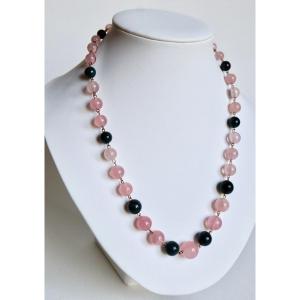 Old Necklace In Rose Quartz And Heliotropes And 18 Kt Yellow Gold