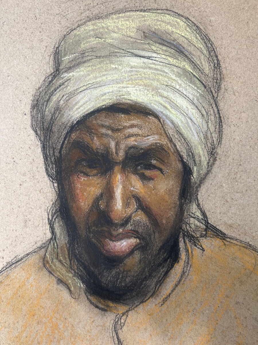 Lucien Pénat, Portrait Of A Man With A Turban, Pastel, 1918-photo-2