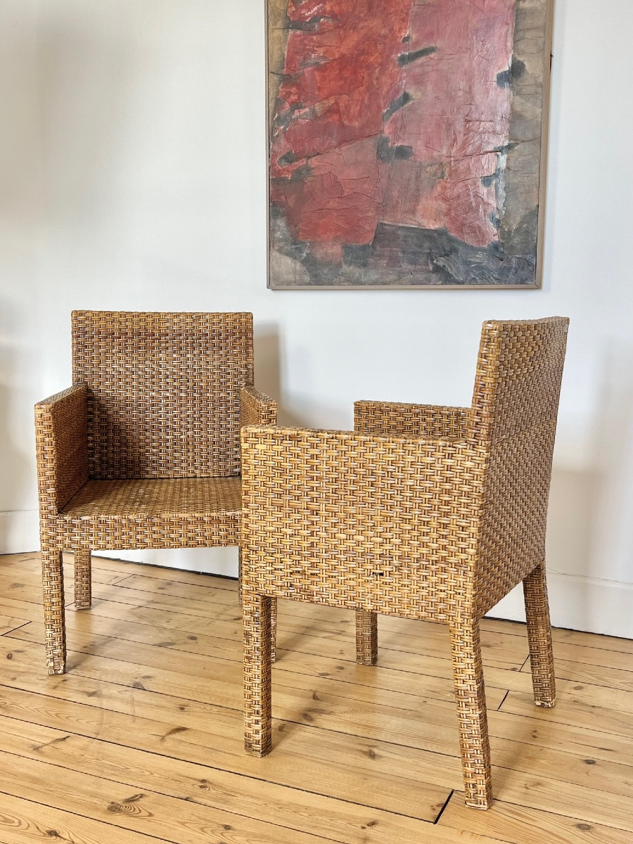 Pair Of Rattan Armchairs, 1950, In The Style Of Jean-michel Frank