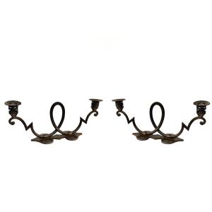 Pair Of Art Deco Wrought Iron Candlesticks