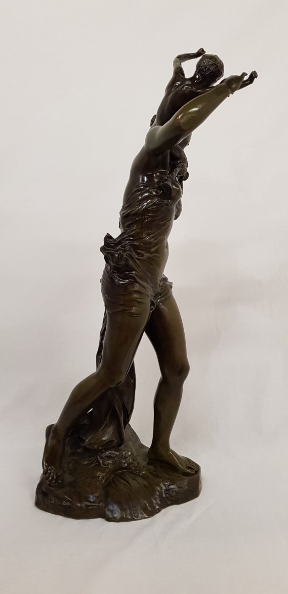 Bronze Sculpture Fernand Joseph Job Hamar (1869-1943), Bacchantes Avec Un Petit Faune-photo-3