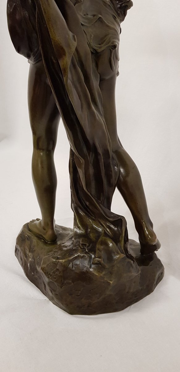 Bronze Sculpture Fernand Joseph Job Hamar (1869-1943), Bacchantes Avec Un Petit Faune-photo-4