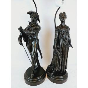 A Pair Of Figures Of Bronze Lamps Signed Salmson