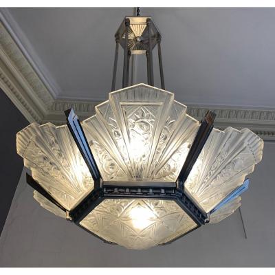 Exceptional Art Deco Chandelier Hettier-vincent And Hanots Signed (art Deco Chandeliers 1930)