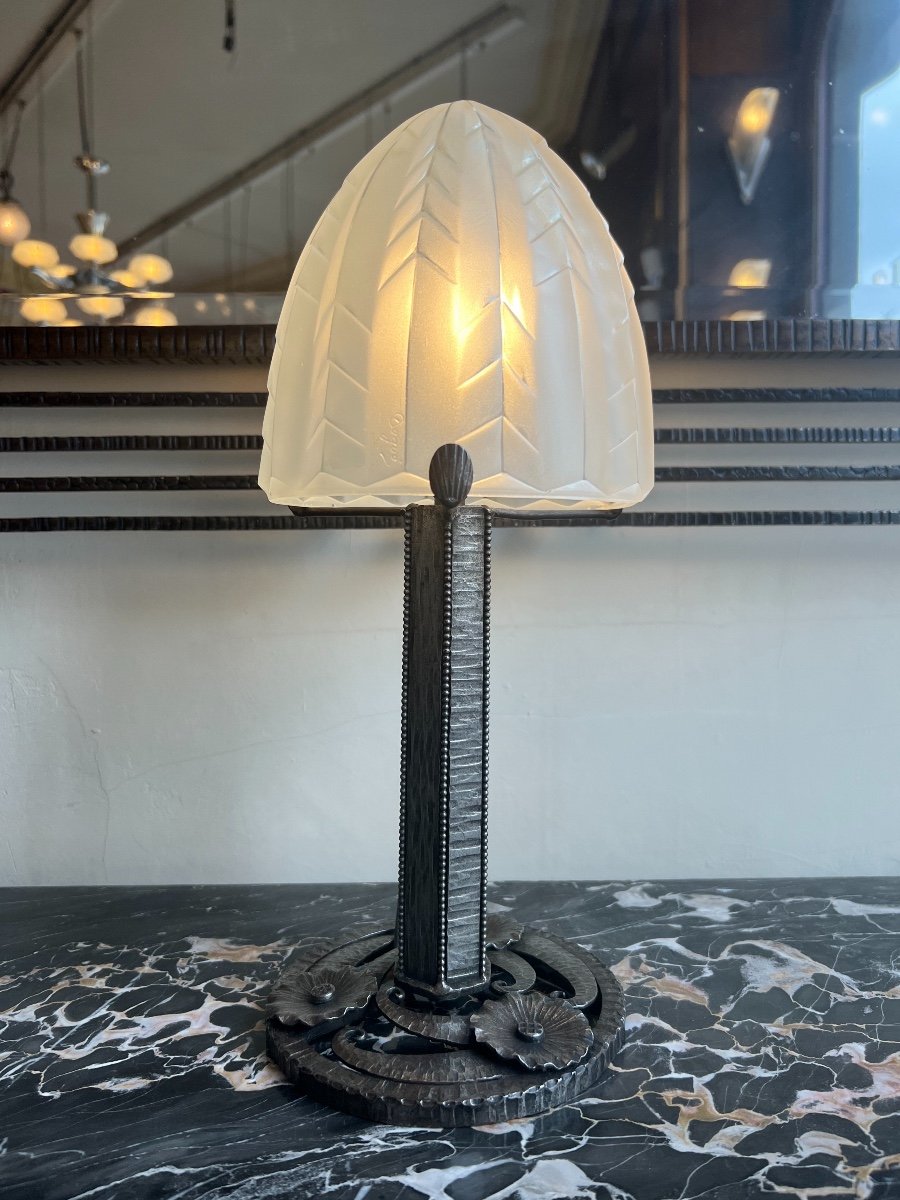 Art Deco Desk / Table Lamp In Wrought Iron Signed Degué (art Deco Table Lamps 1930)-photo-2