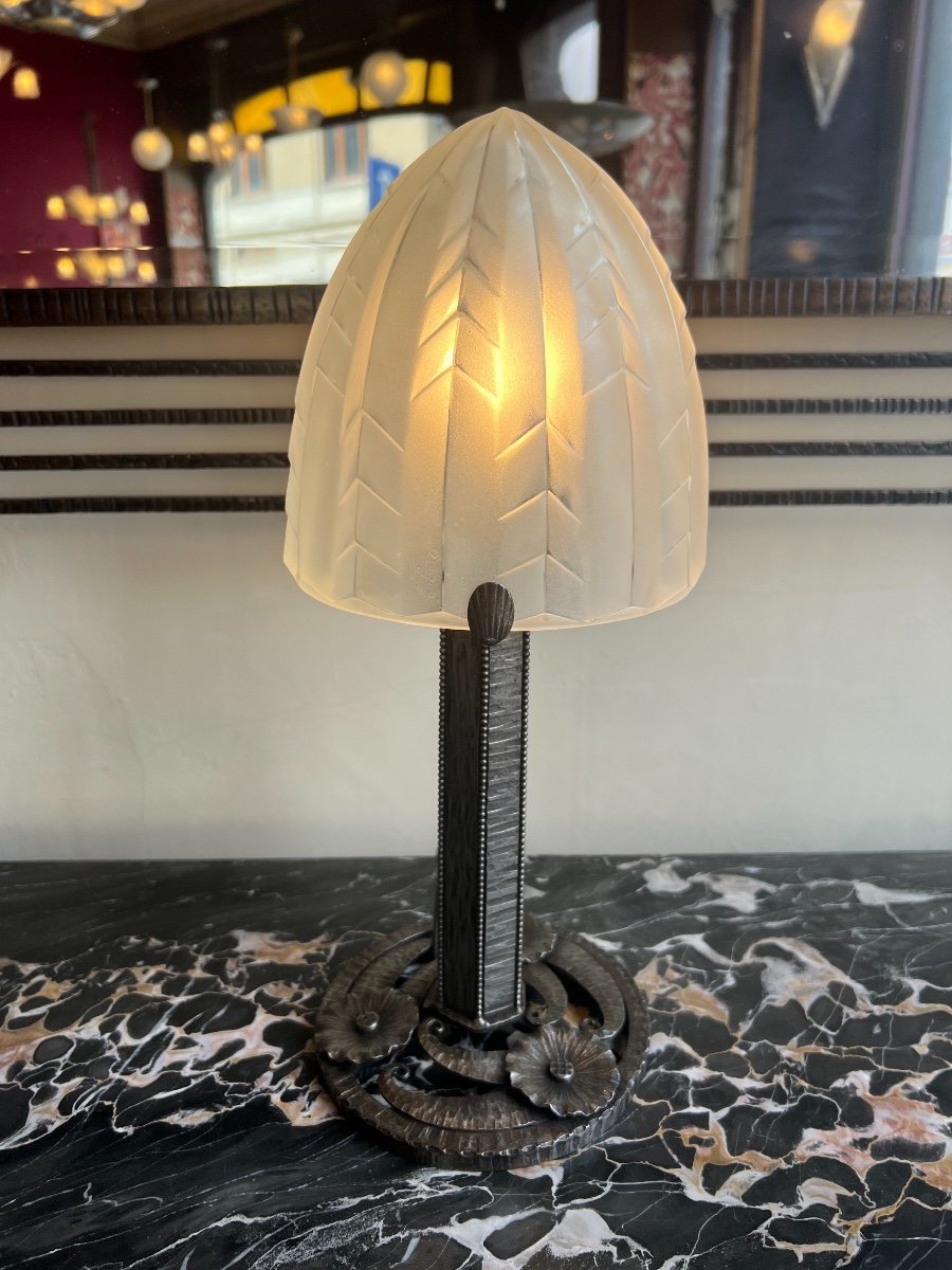 Art Deco Desk / Table Lamp In Wrought Iron Signed Degué (art Deco Table Lamps 1930)-photo-3