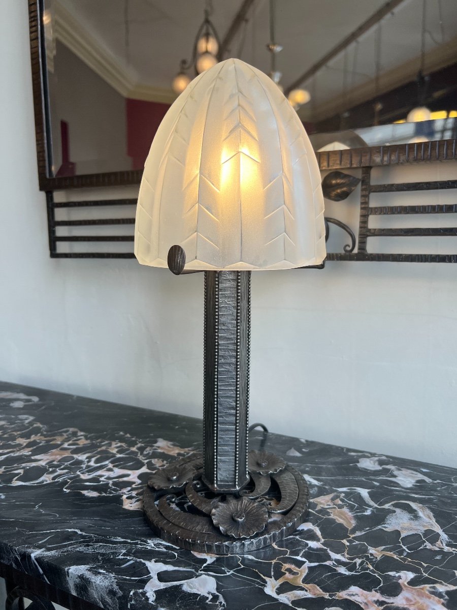 Art Deco Desk / Table Lamp In Wrought Iron Signed Degué (art Deco Table Lamps 1930)-photo-4