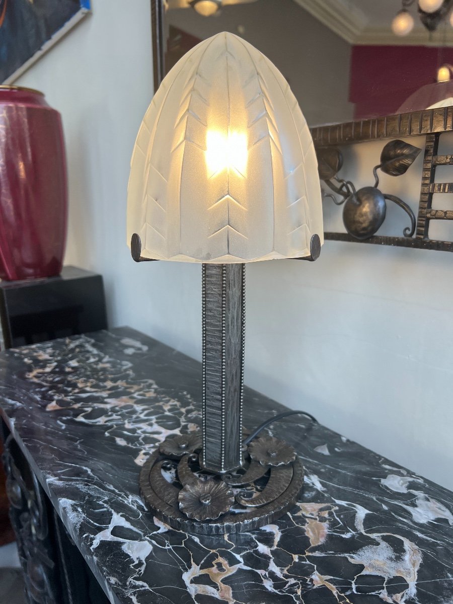 Art Deco Desk / Table Lamp In Wrought Iron Signed Degué (art Deco Table Lamps 1930)-photo-2