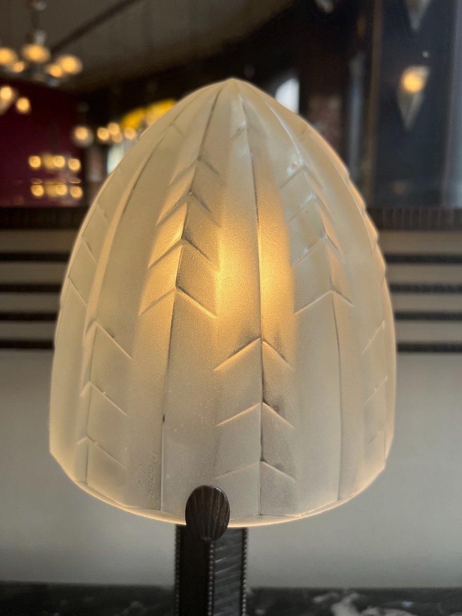 Art Deco Desk / Table Lamp In Wrought Iron Signed Degué (art Deco Table Lamps 1930)-photo-5