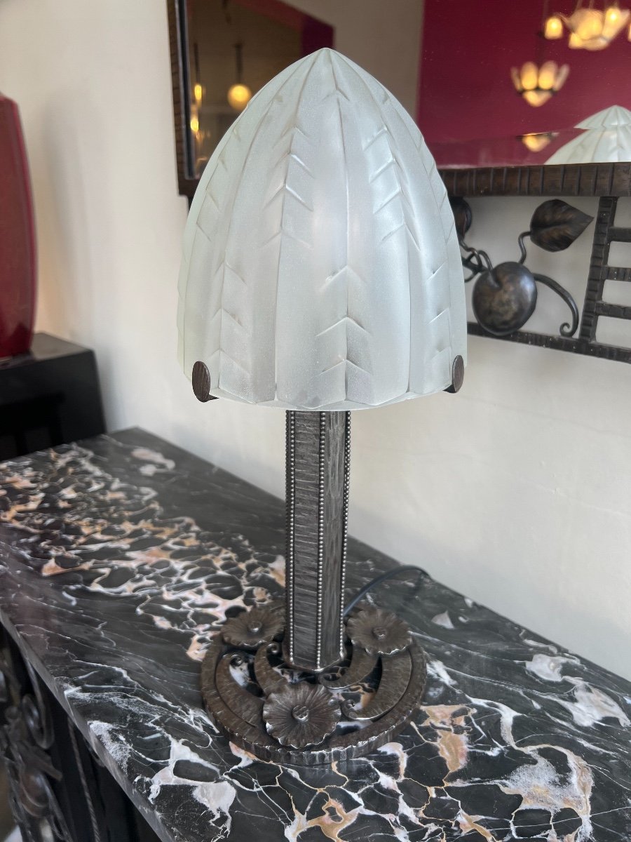 Art Deco Desk / Table Lamp In Wrought Iron Signed Degué (art Deco Table Lamps 1930)-photo-8