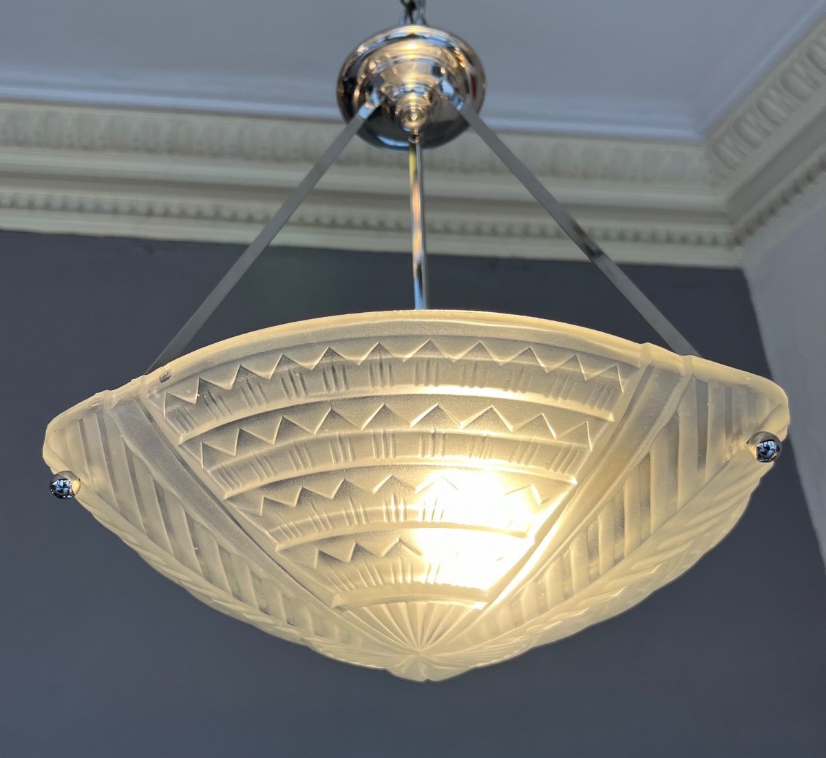 Art Deco Suspension / Ceiling Lamp With Washbasin Signed Noverdy { Jean } ( Art Deco Chandelier 1930 )