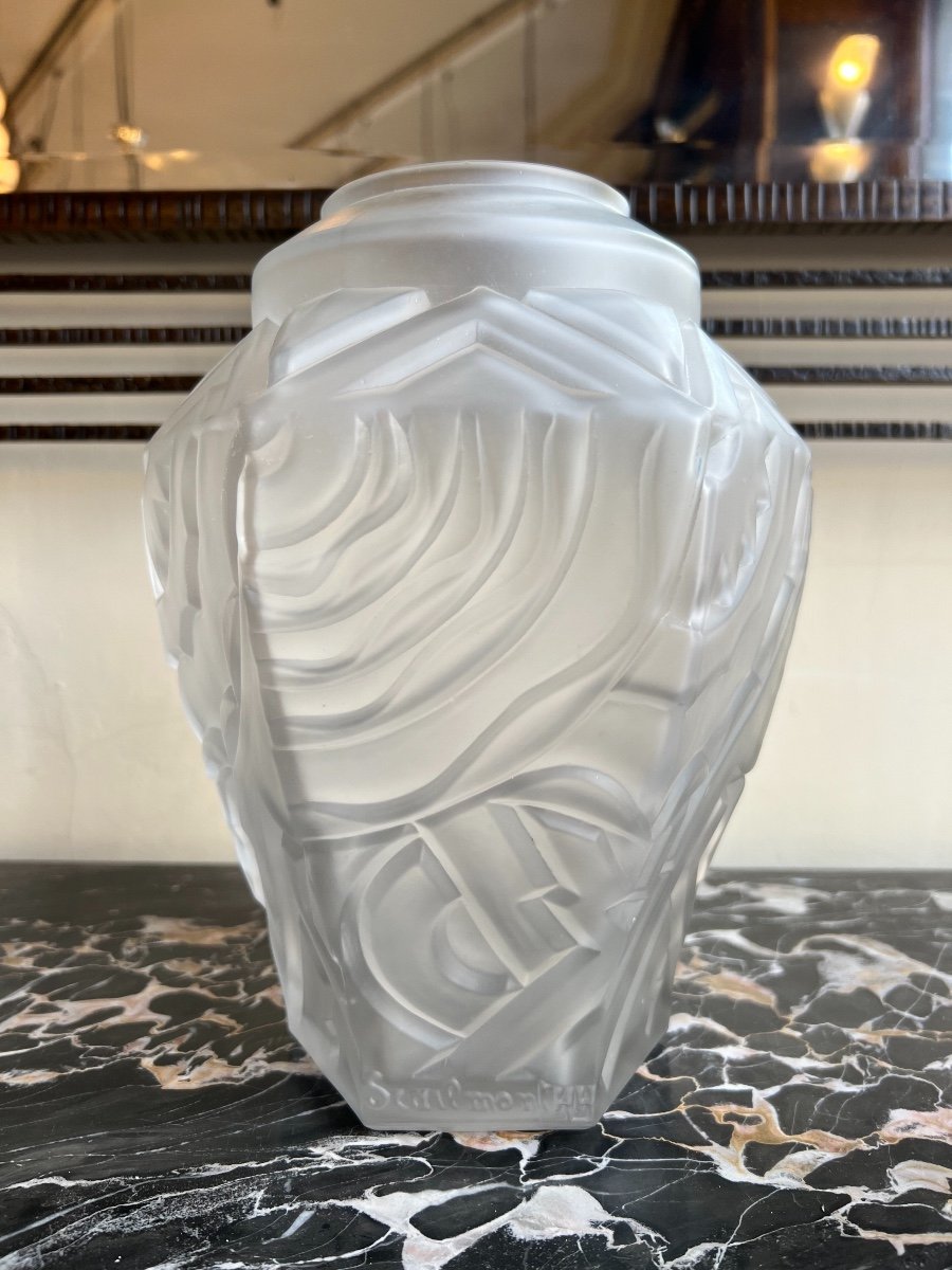 Magnifique Vase Art Déco Cubiste Signé Henri Heemskerk Pour Les Verreries De Scailmont ( 1930 )-photo-2