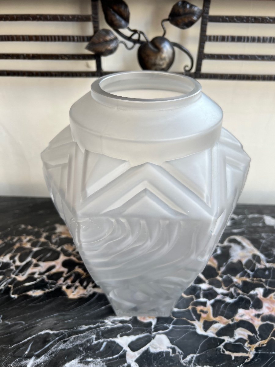 Magnifique Vase Art Déco Cubiste Signé Henri Heemskerk Pour Les Verreries De Scailmont ( 1930 )-photo-3