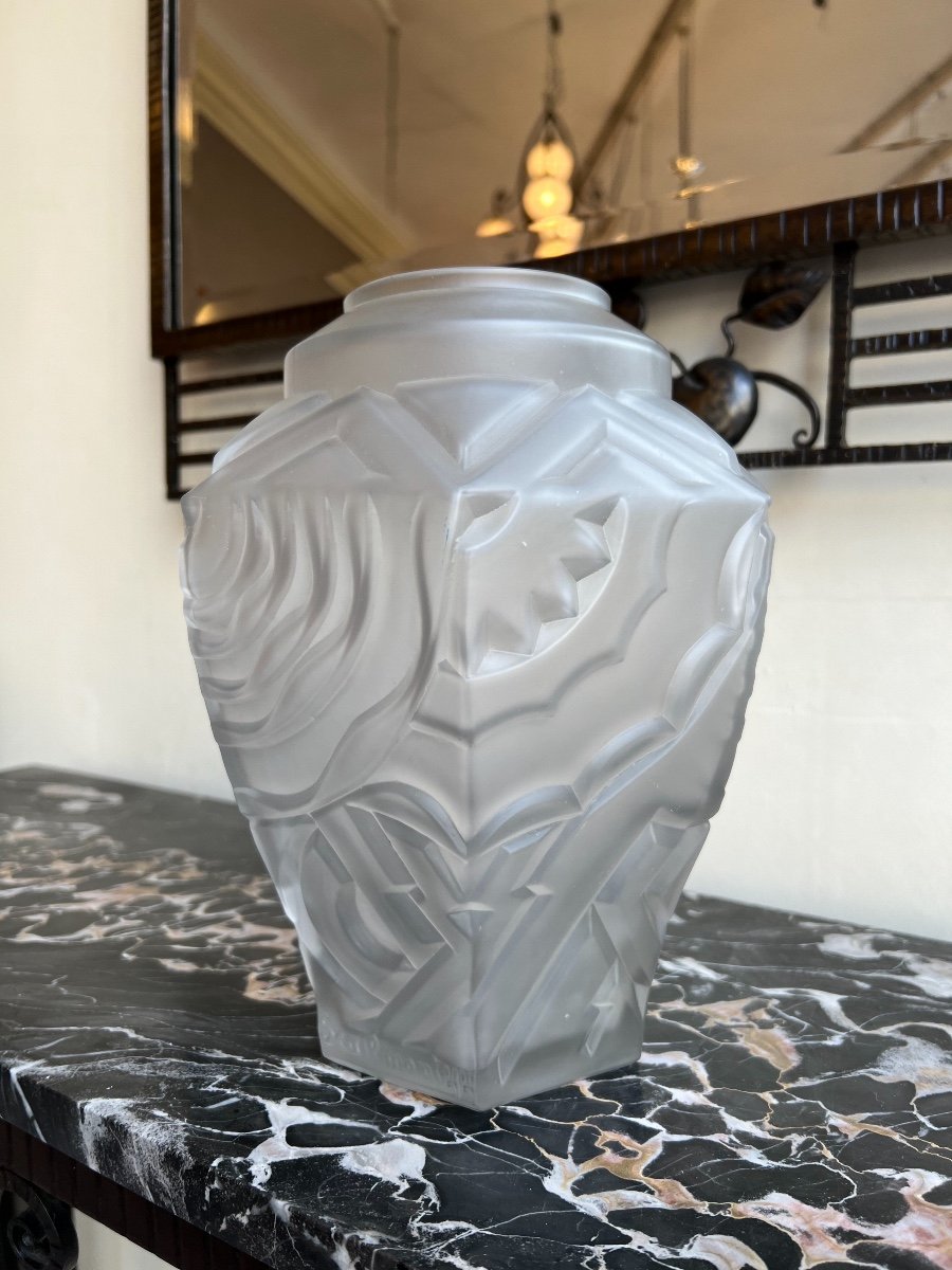 Magnifique Vase Art Déco Cubiste Signé Henri Heemskerk Pour Les Verreries De Scailmont ( 1930 )-photo-1
