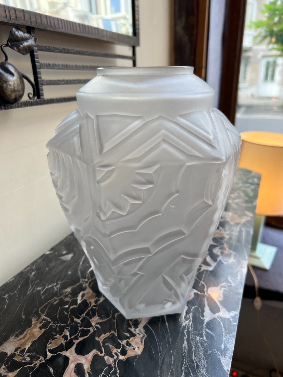Magnifique Vase Art Déco Cubiste Signé Henri Heemskerk Pour Les Verreries De Scailmont ( 1930 )-photo-5