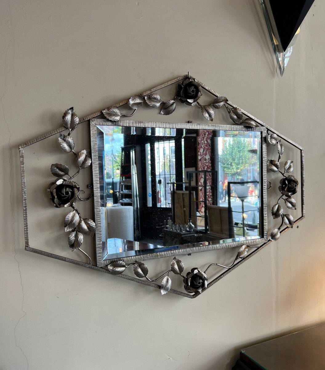 Large Art Deco Mirror In Elongated Hexagonal Shape With Beveled Ice (art Deco Mirror 1930)-photo-2