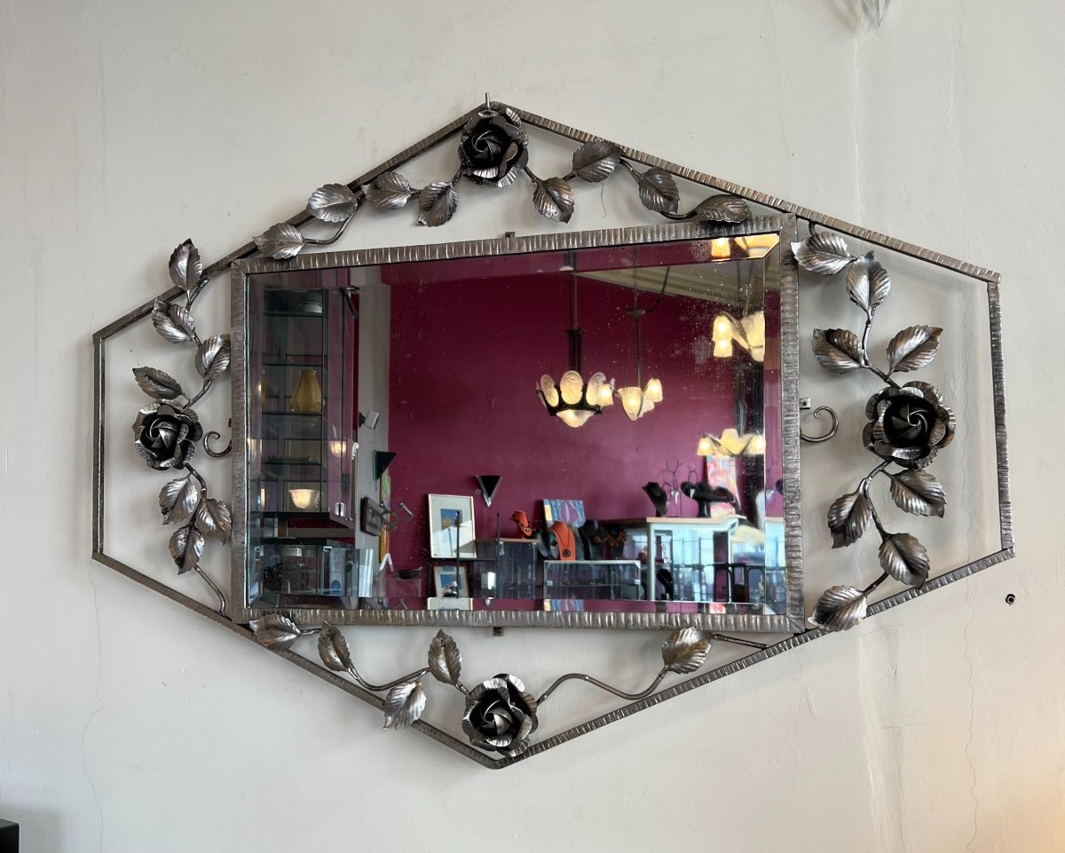 Large Art Deco Mirror In Elongated Hexagonal Shape With Beveled Ice (art Deco Mirror 1930)