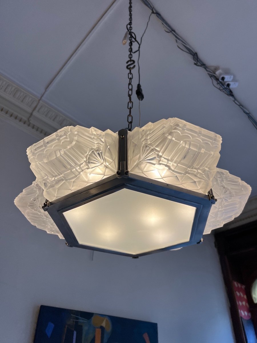 Exceptionnel Plafonnier Art Déco  { Paire Dispo !} à 6 Cubes Signé Hugue ( Lustre Art Deco 1930-photo-2