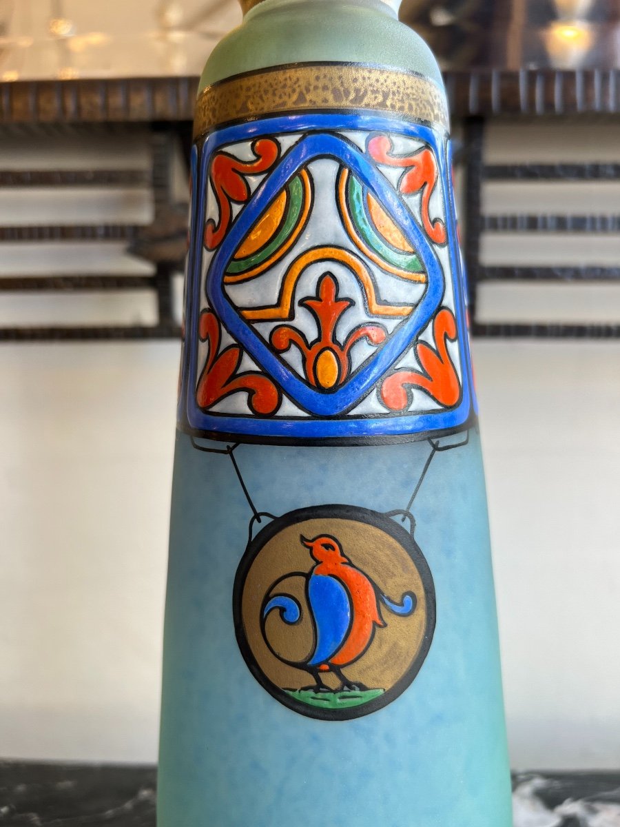 Rare Vase Art Déco En Verre émaillé  « a L’oiseau » Verreries De Scailmont Signé ( Vases 1930 )-photo-3