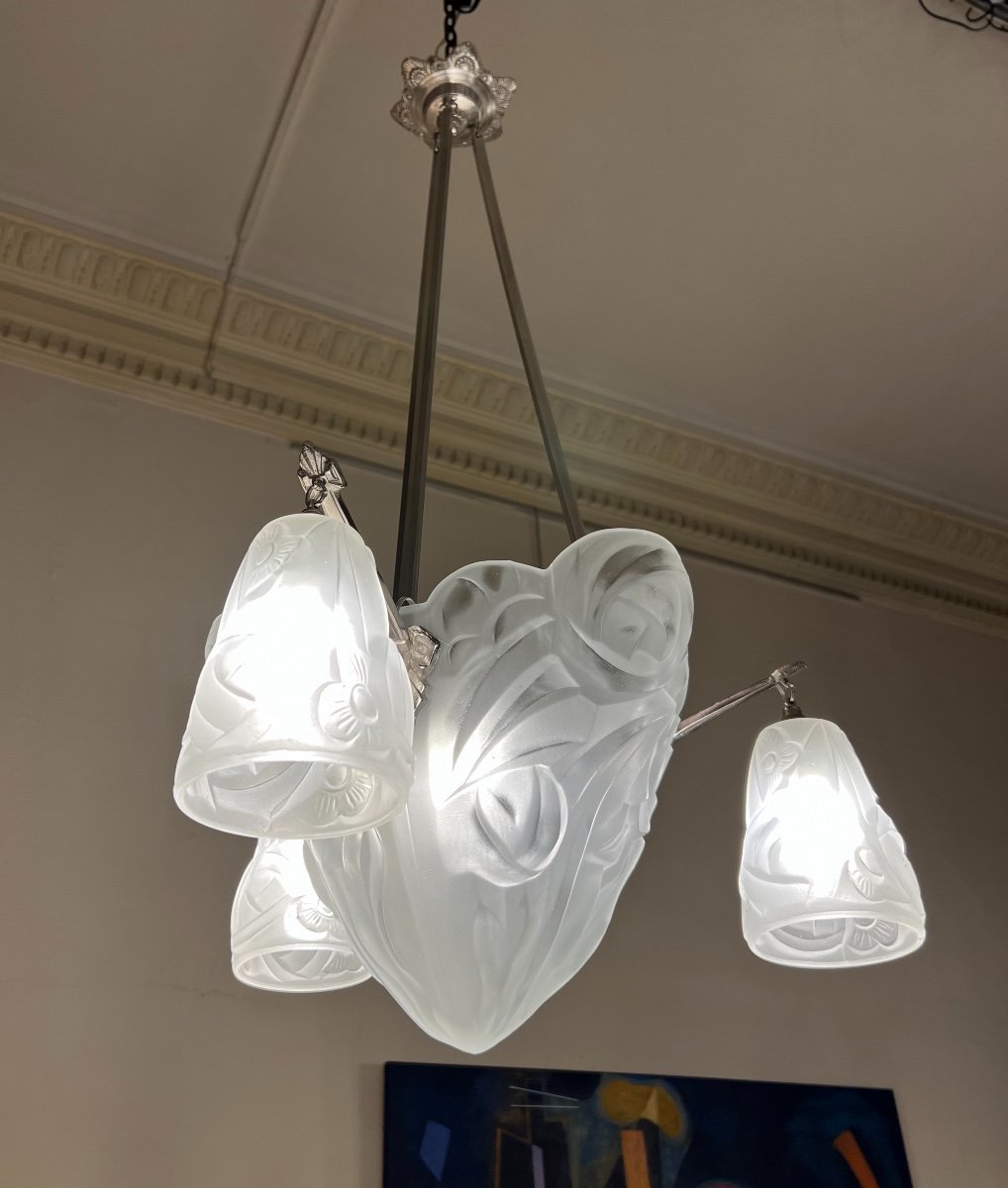 Superbe Lustre Art Déco Petitot { Monogramme Ap } Et Degué Signé ( Lustre Art Deco 1930  ) -photo-3