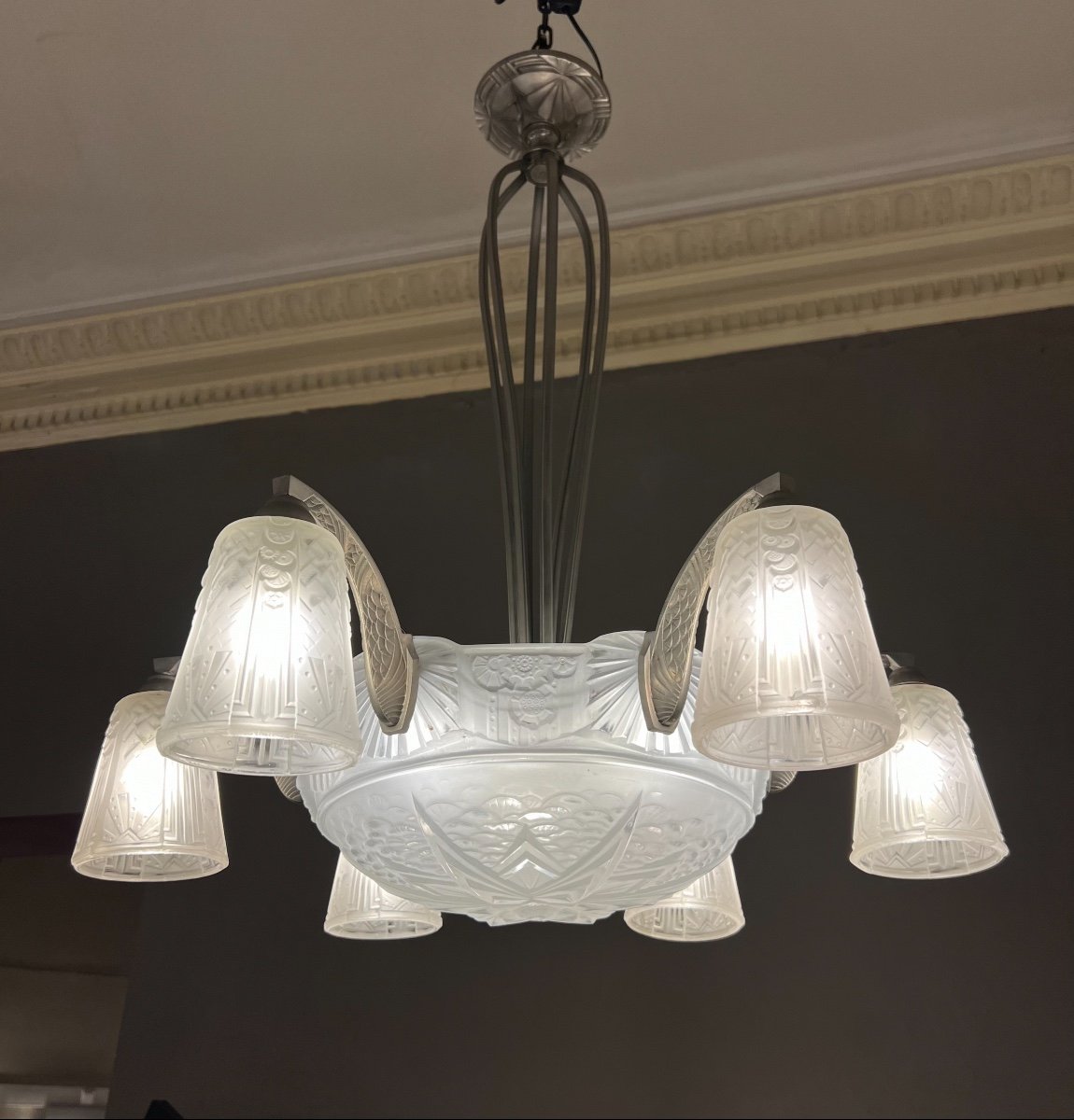 Lustre Art Déco à 6 Tulipes Et Une Vasque Signé Müller Frères Lunéville ( Suspension Art Deco  -photo-2