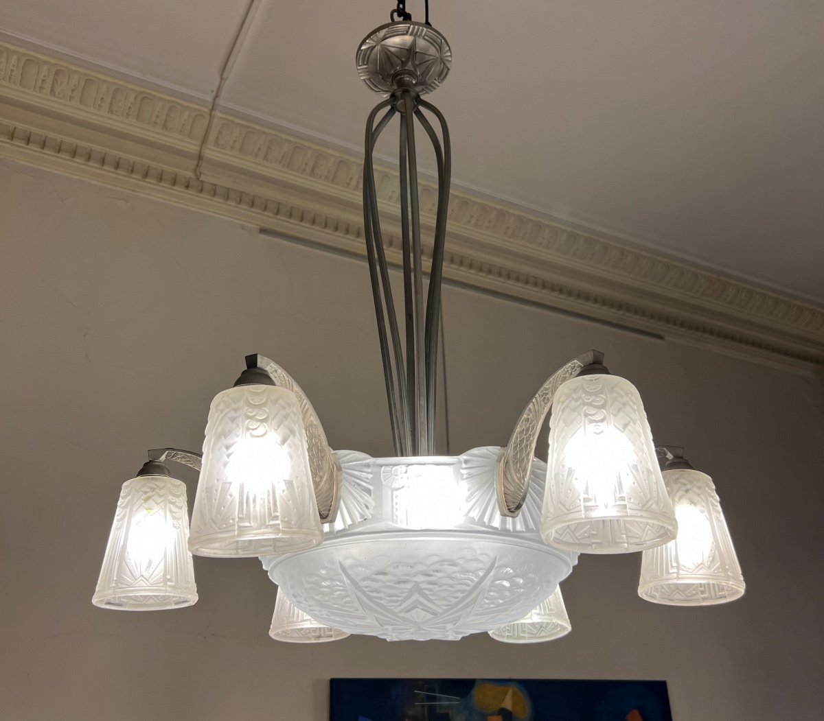Lustre Art Déco à 6 Tulipes Et Une Vasque Signé Müller Frères Lunéville ( Suspension Art Deco  -photo-3