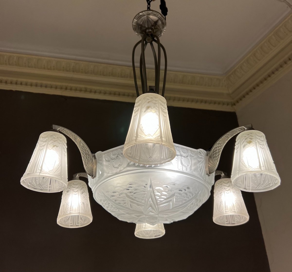 Lustre Art Déco à 6 Tulipes Et Une Vasque Signé Müller Frères Lunéville ( Suspension Art Deco  -photo-5