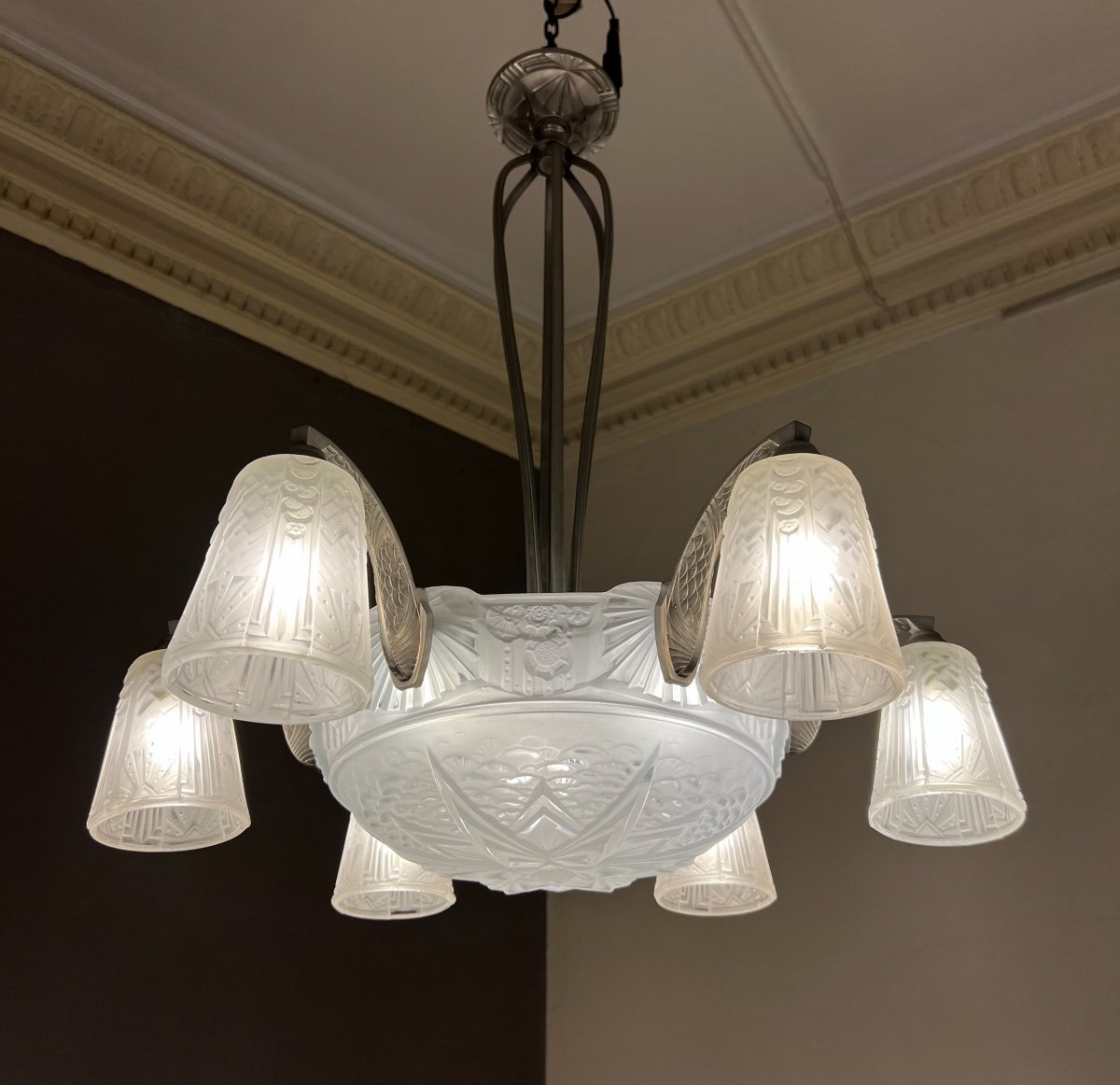 Lustre Art Déco à 6 Tulipes Et Une Vasque Signé Müller Frères Lunéville ( Suspension Art Deco  
