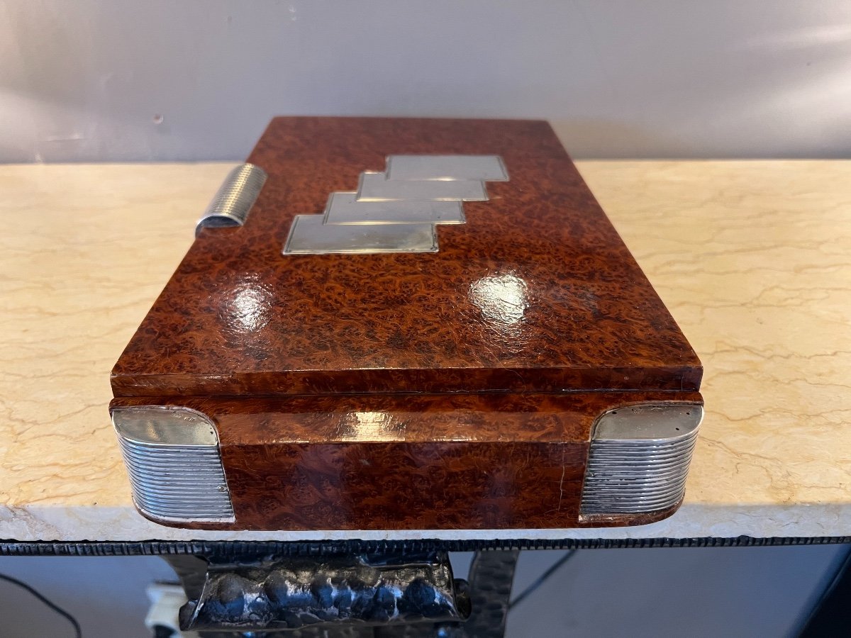 Exceptionnel Coffret à Jeux Art Déco En Loupe D’amboine Rehaussé D’argent Poinçon 800 ( 1930 ) -photo-3