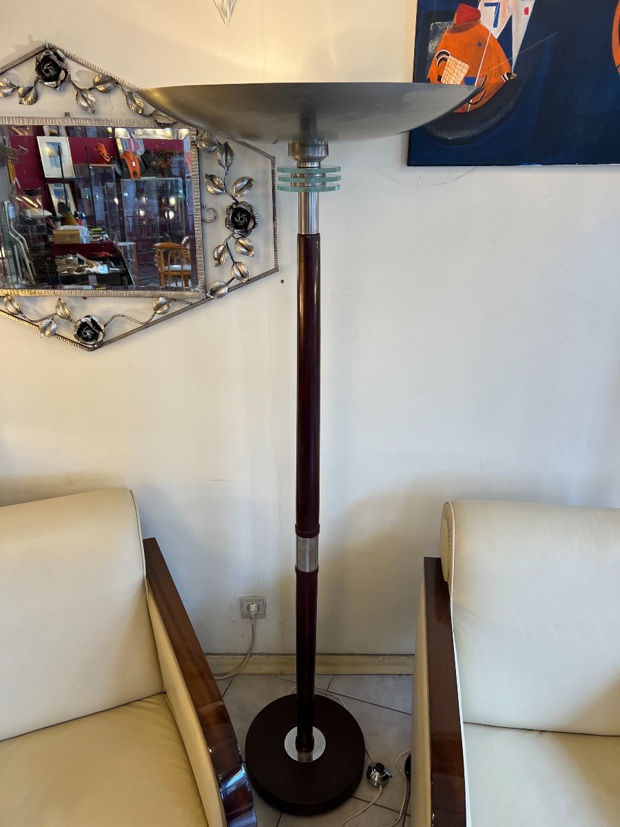 Art Deco Floor Lamp In Mahogany Stained Wood And Chromed Metal (france 1930 Lamp)-photo-2