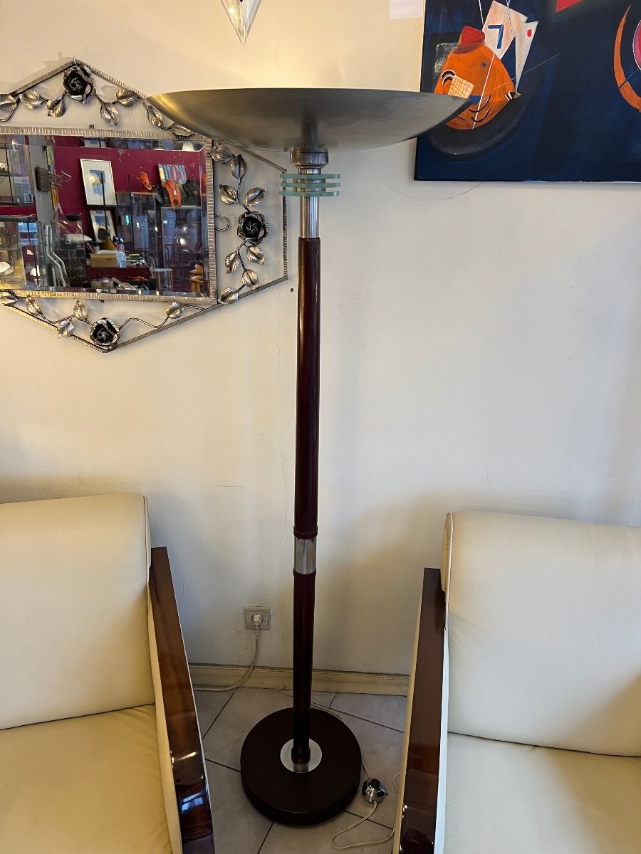 Art Deco Floor Lamp In Mahogany Stained Wood And Chromed Metal (france 1930 Lamp)-photo-4