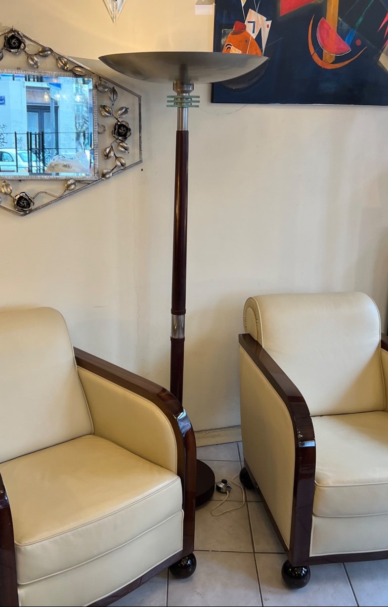 Art Deco Floor Lamp In Mahogany Stained Wood And Chromed Metal (france 1930 Lamp)-photo-3