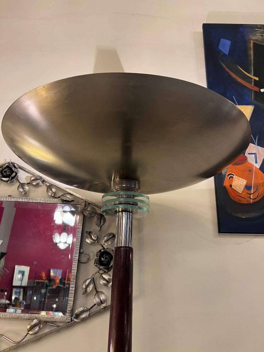 Art Deco Floor Lamp In Mahogany Stained Wood And Chromed Metal (france 1930 Lamp)-photo-3