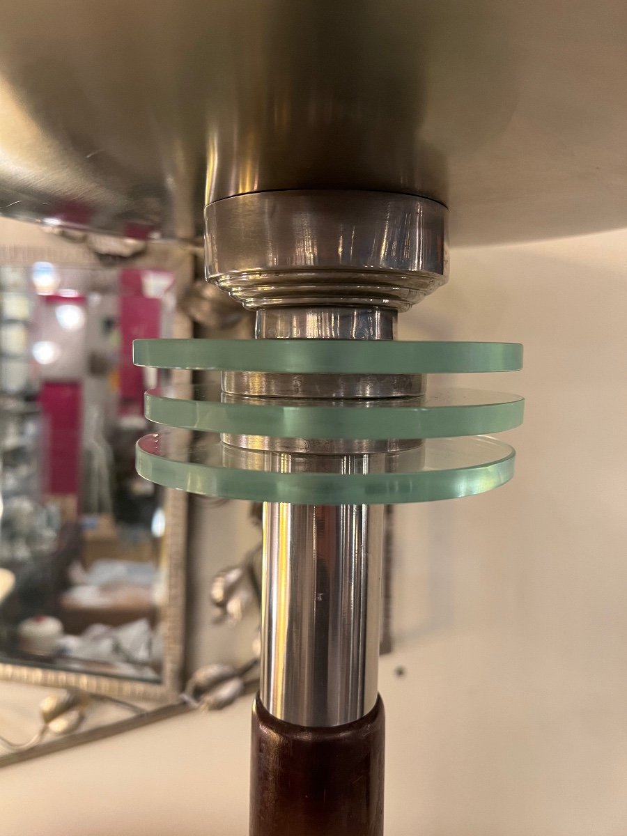 Art Deco Floor Lamp In Mahogany Stained Wood And Chromed Metal (france 1930 Lamp)-photo-4