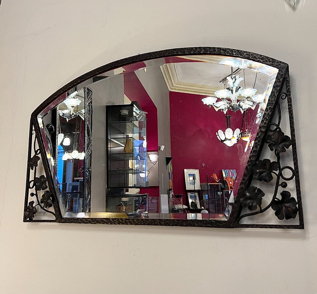 Miroir Art Déco Rectangulaire à Glace Biseautée Trapézoïdale En Fer Forgé Patiné ( Miroir 1930 