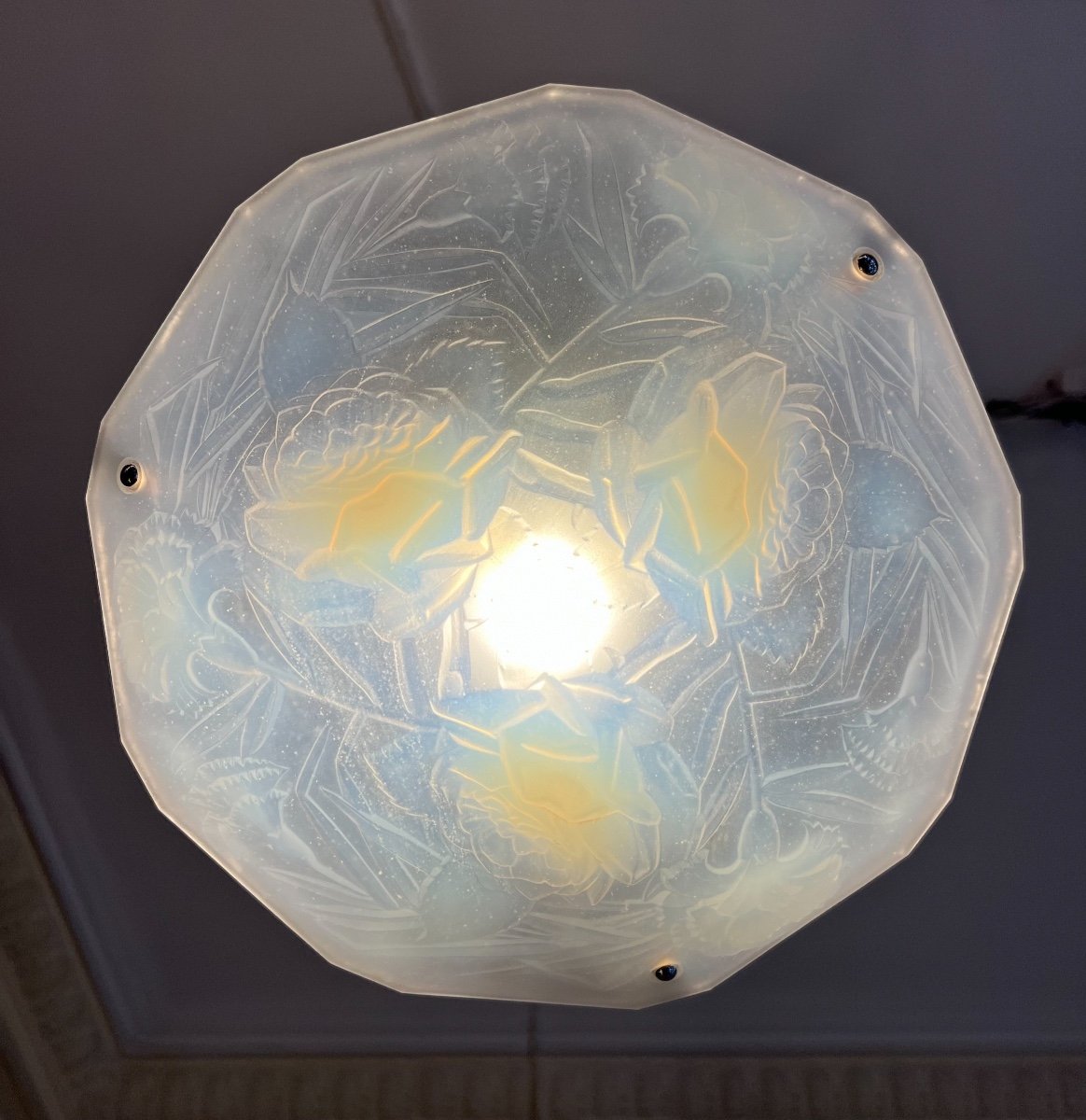 Suspension / Plafonnier Art Déco En Verre Opalescent Signé Roba Paris ( Lustre Art Deco 1930 ) -photo-2