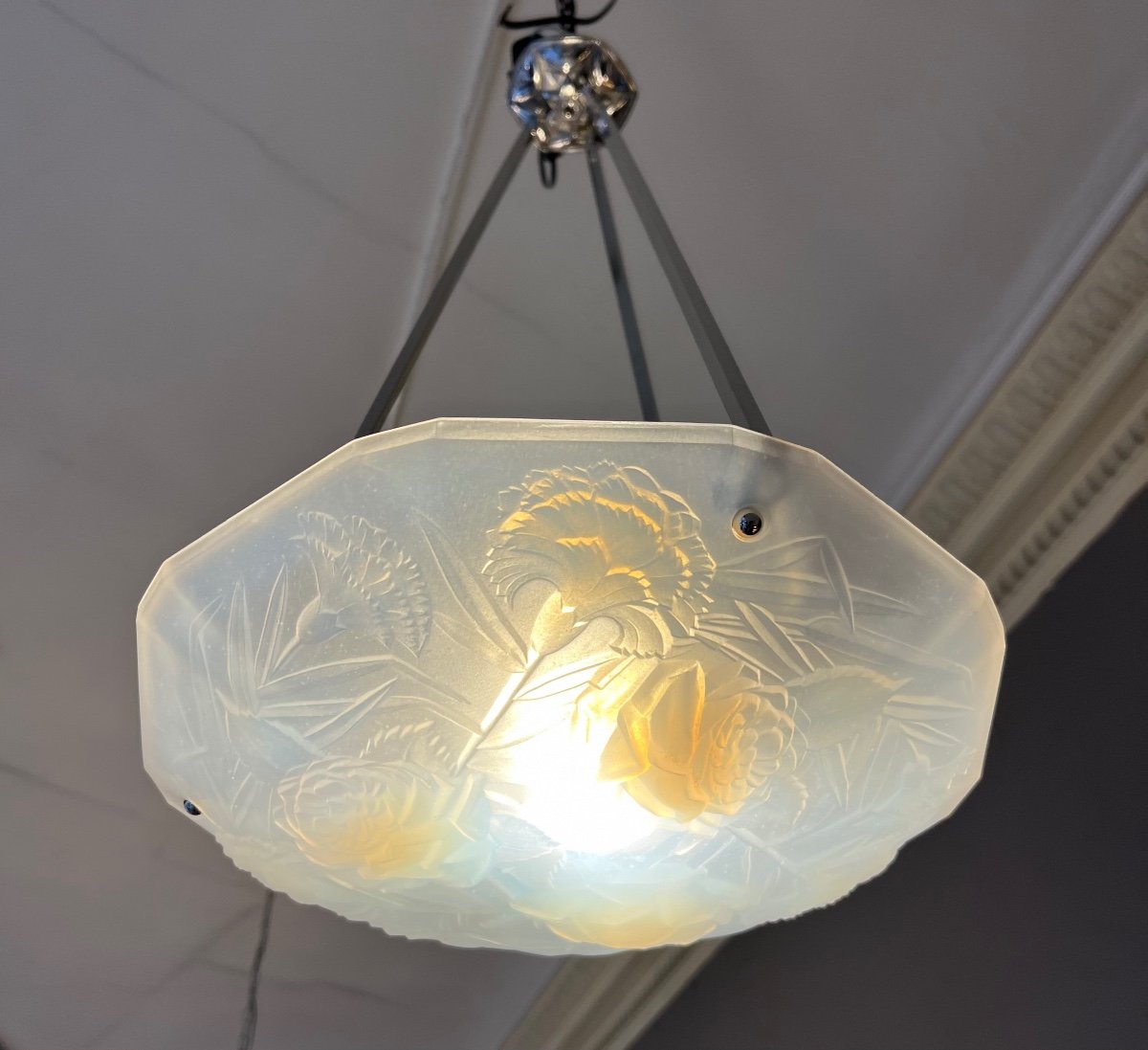 Suspension / Plafonnier Art Déco En Verre Opalescent Signé Roba Paris ( Lustre Art Deco 1930 ) -photo-4