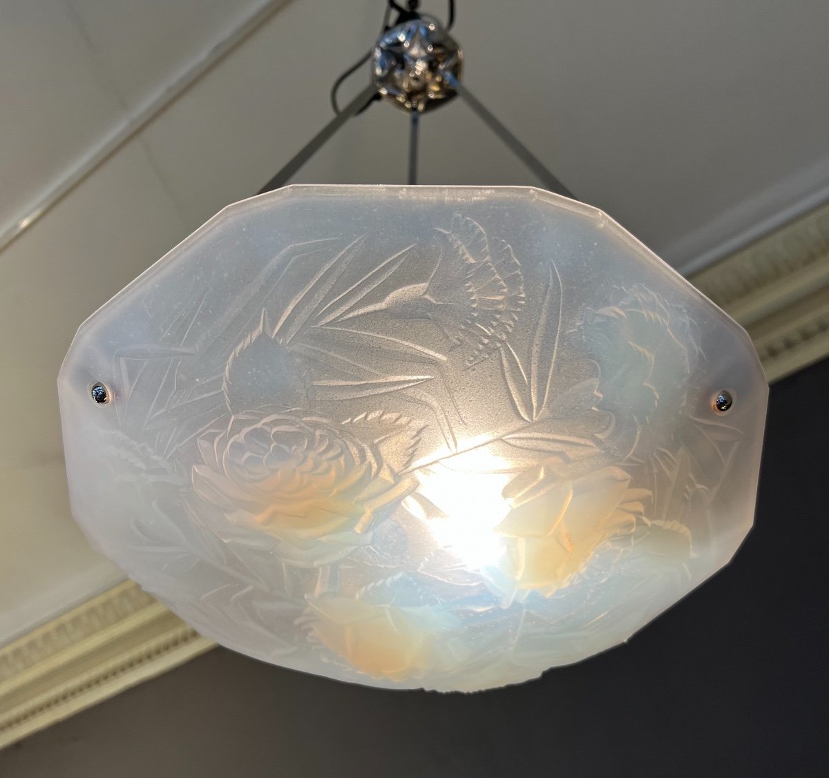 Suspension / Plafonnier Art Déco En Verre Opalescent Signé Roba Paris ( Lustre Art Deco 1930 ) -photo-1